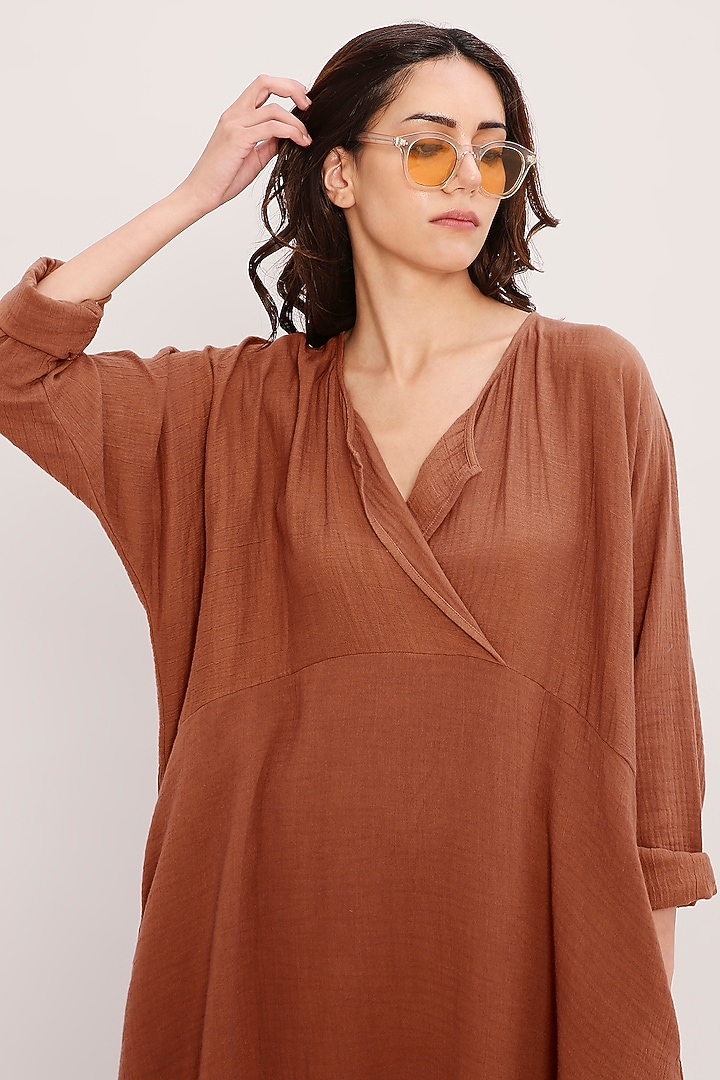 Brown Handwoven Cotton Tunic Set by Mati at Pernia's Pop Up Shop