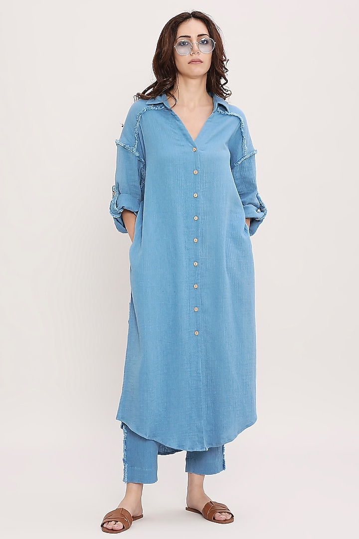 Blue Handwoven Cotton Co-Ord Set by Mati at Pernia's Pop Up Shop