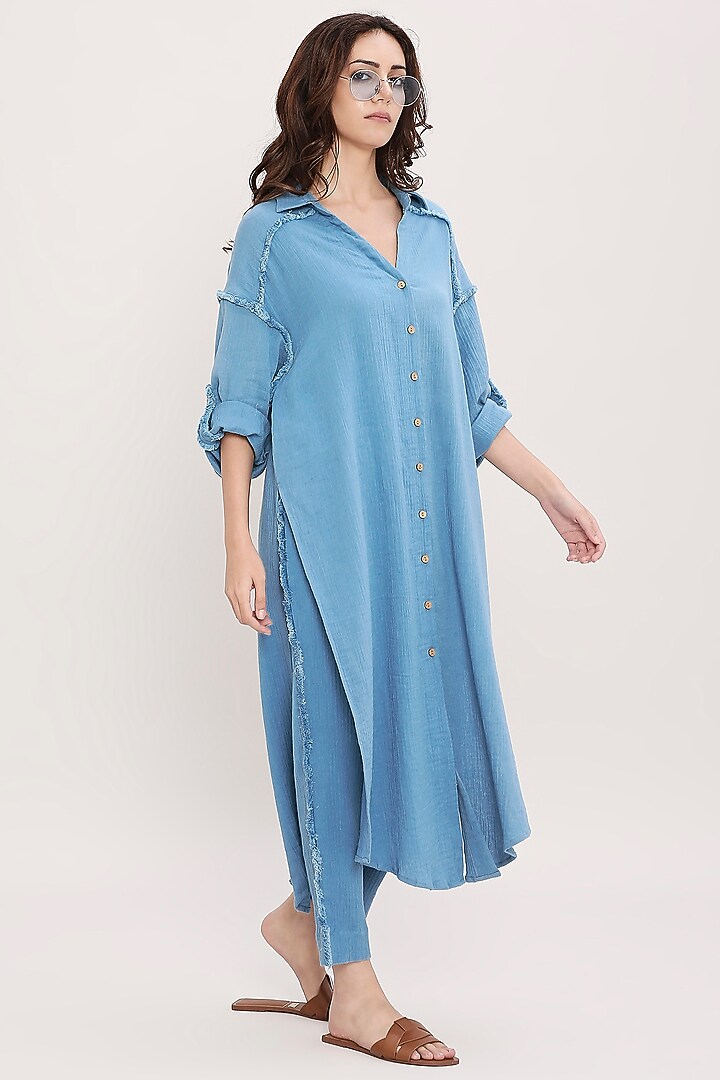 Blue Handwoven Cotton Co-Ord Set by Mati at Pernia's Pop Up Shop