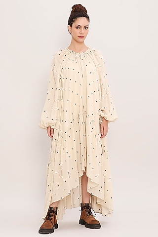 Cream Handwoven Cotton Embroidered Kaftan Dress by Mati