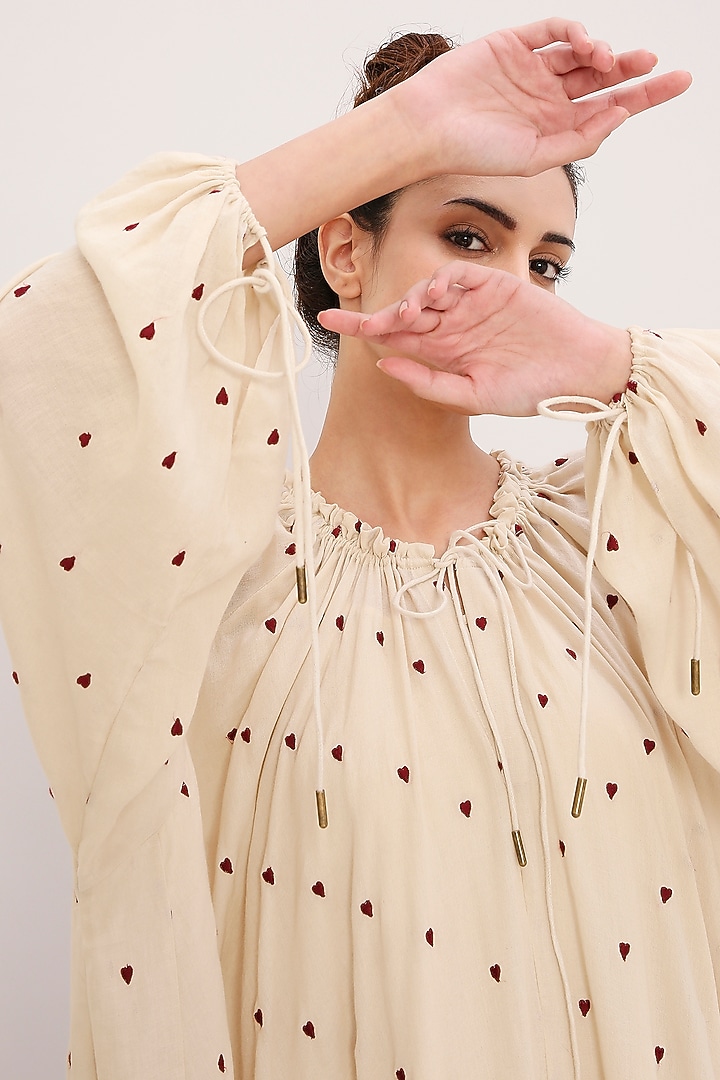 Cream Handwoven Cotton Embroidered Kaftan Vacation Dress by Mati at Pernia's Pop Up Shop
