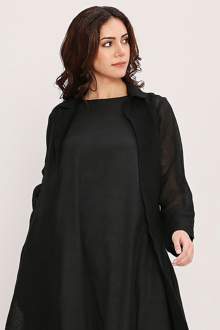 Black Pure Linen Trench Jacket by Mati at Pernia's Pop Up Shop