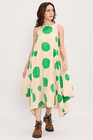 Green Cotton Hand Block Printed Cowl Dress by Mati