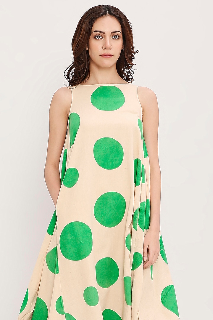 Green Cotton Hand Block Printed Cowl Summer Dress by Mati at Pernia's Pop Up Shop