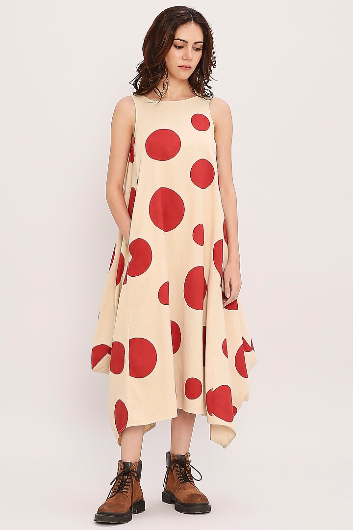 Red Cotton Hand Block Printed Cowl Summer Dress by Mati at Pernia's Pop Up Shop