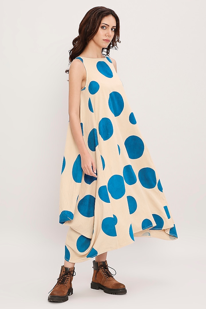 Blue Cotton Hand Block Printed Cowl Summer Dress by Mati at Pernia's Pop Up Shop