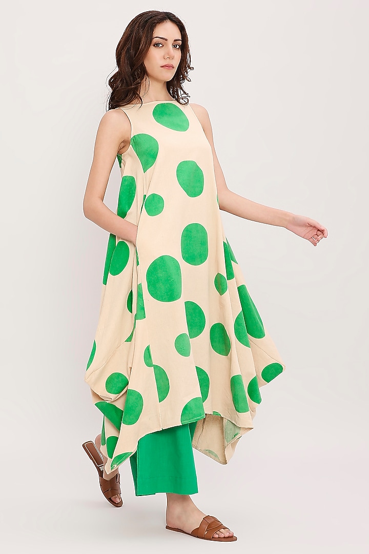 White & Green Cotton Hand Block Printed Tunic Set by Mati at Pernia's Pop Up Shop