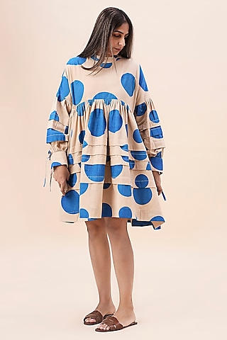 Blue Cotton Hand Block Printed Dress by Mati