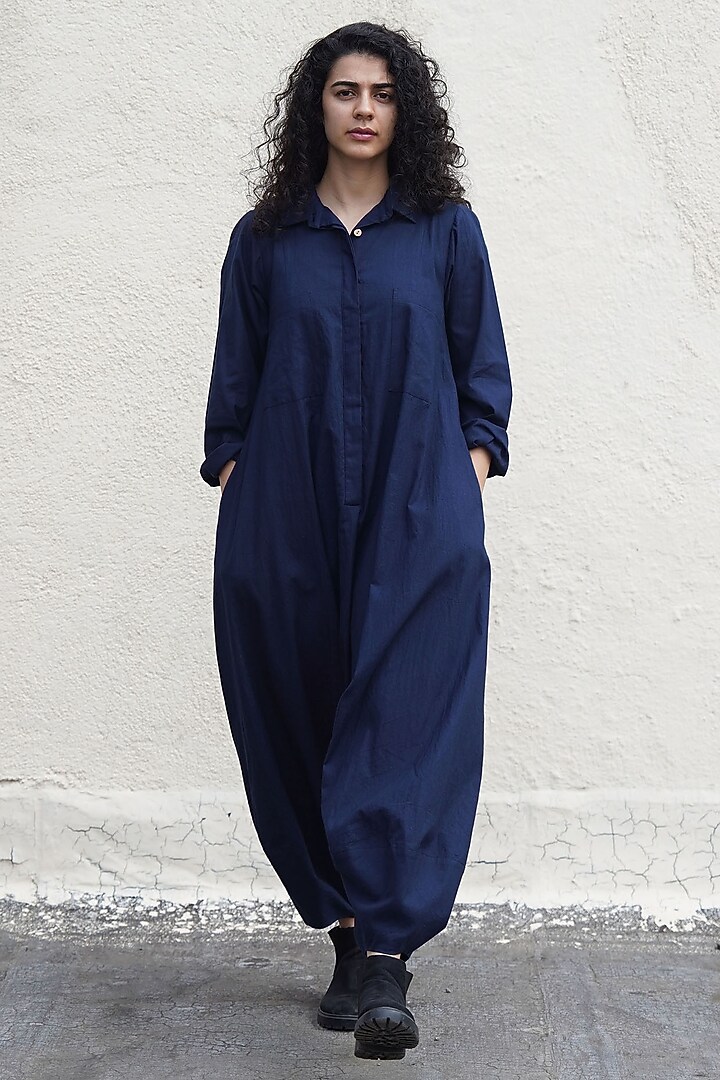 Blue Handwoven Cotton Jumpsuit by Mati at Pernia's Pop Up Shop