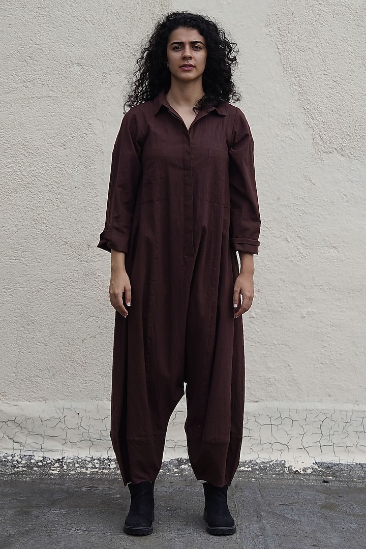 Brown Handwoven Cotton Jumpsuit by Mati at Pernia's Pop Up Shop