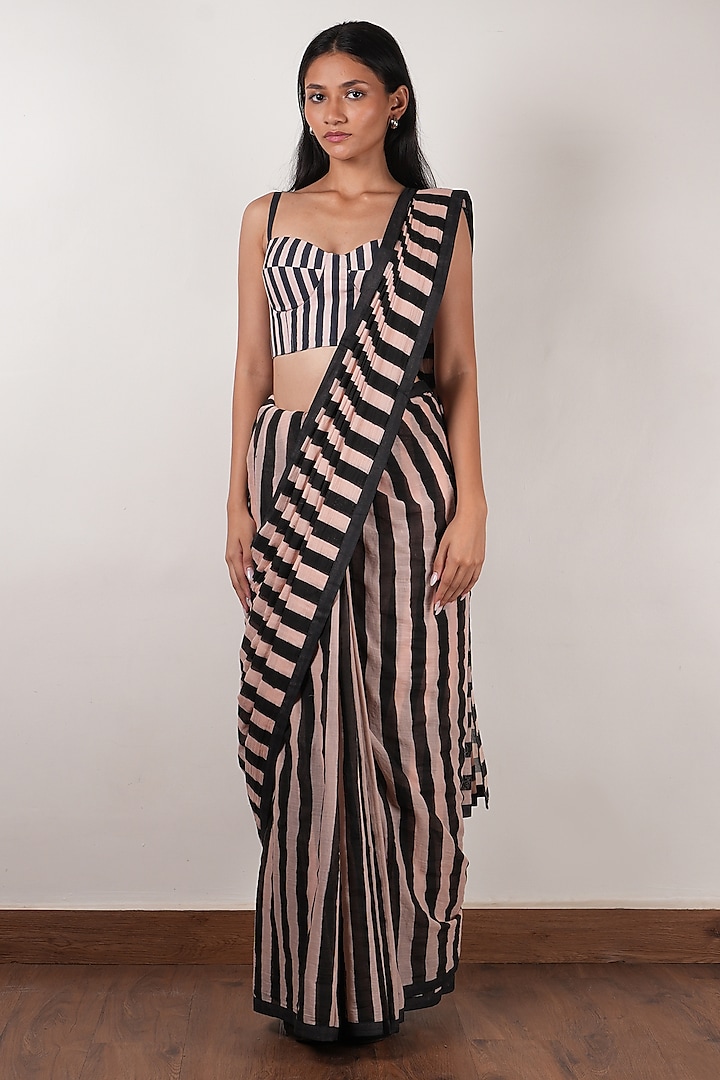 Pink & Black Soft Mul Block Printed Party Wear Saree Set by Mati at Pernia's Pop Up Shop