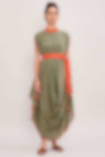 Green Handwoven Cotton Embroidered Draped Cowl Vacation Dress by Mati at Pernia's Pop Up Shop