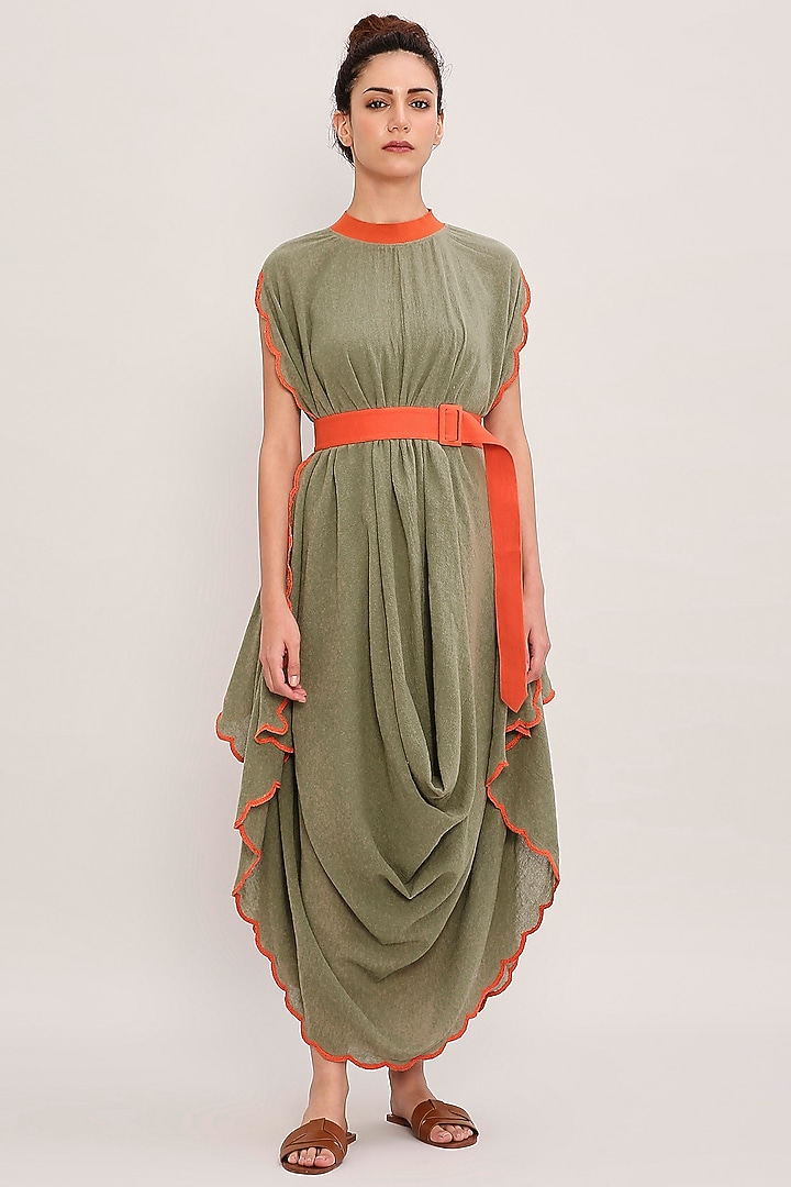 Green Handwoven Cotton Embroidered Draped Cowl Vacation Dress by Mati at Pernia's Pop Up Shop