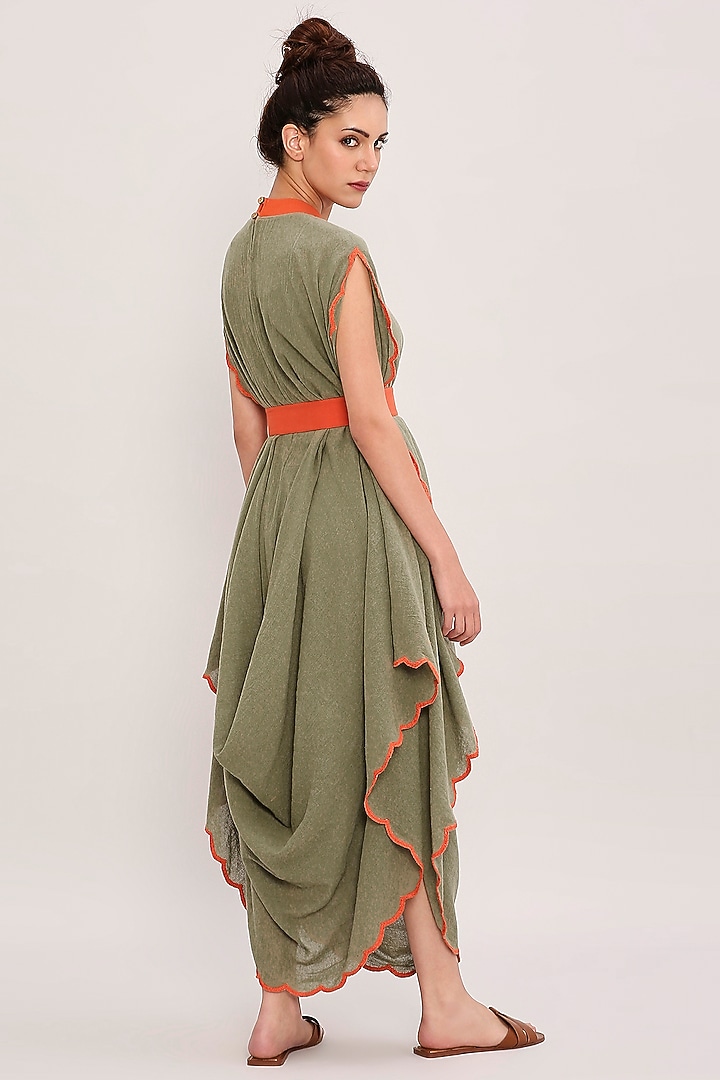 Green Handwoven Cotton Embroidered Draped Cowl Vacation Dress by Mati at Pernia's Pop Up Shop