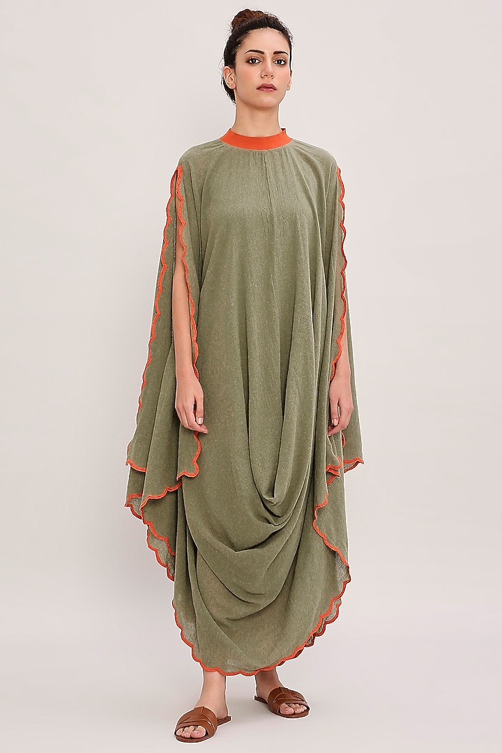 Green Handwoven Cotton Embroidered Draped Cowl Vacation Dress by Mati at Pernia's Pop Up Shop