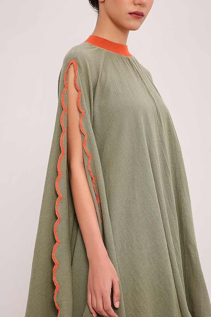 Green Handwoven Cotton Embroidered Draped Cowl Vacation Dress by Mati at Pernia's Pop Up Shop