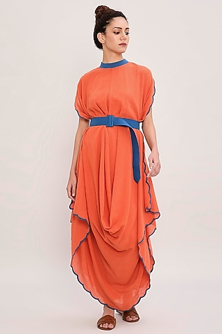 Rust Handwoven Cotton Embroidered Draped Cowl Dress by Mati