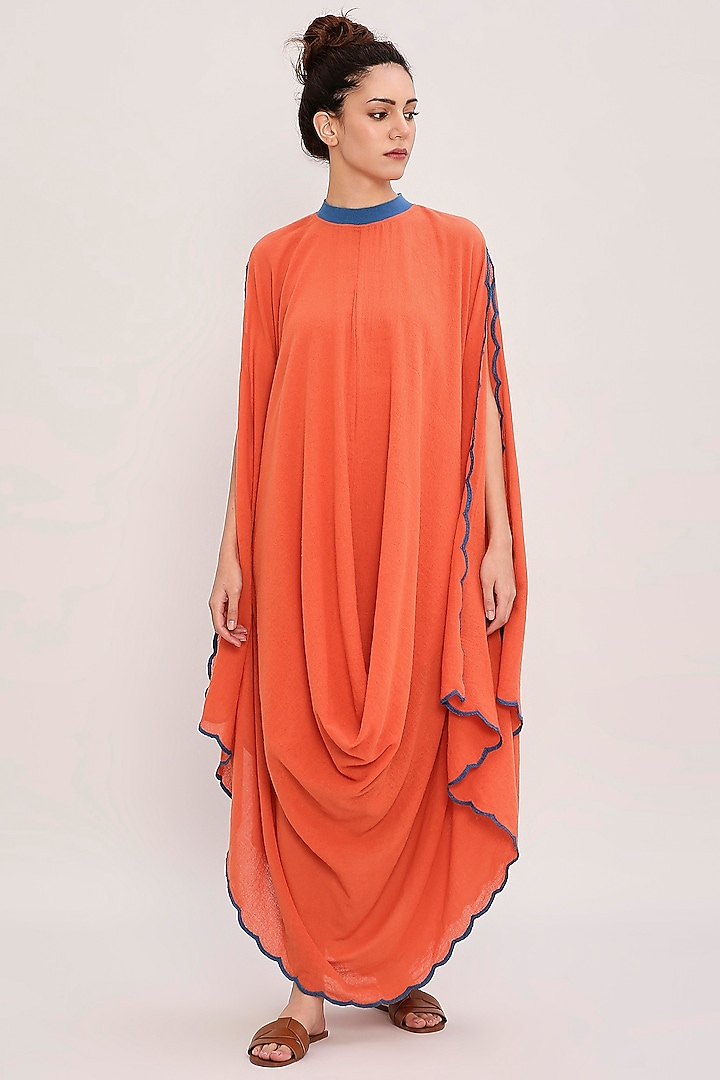 Rust Handwoven Cotton Embroidered Draped Cowl Vacation Dress by Mati at Pernia's Pop Up Shop