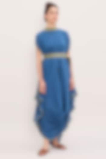 Blue Handwoven Cotton Embroidered Draped Cowl Vacation Dress by Mati at Pernia's Pop Up Shop
