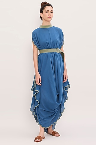 Blue Handwoven Cotton Embroidered Draped Cowl Dress by Mati