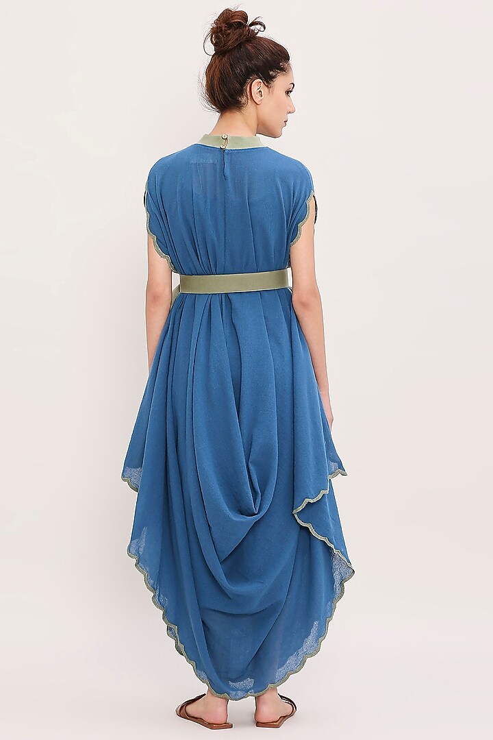 Blue Handwoven Cotton Embroidered Draped Cowl Vacation Dress by Mati at Pernia's Pop Up Shop