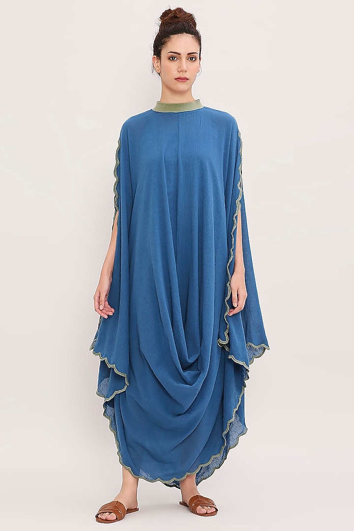 Blue Handwoven Cotton Embroidered Draped Cowl Vacation Dress by Mati at Pernia's Pop Up Shop
