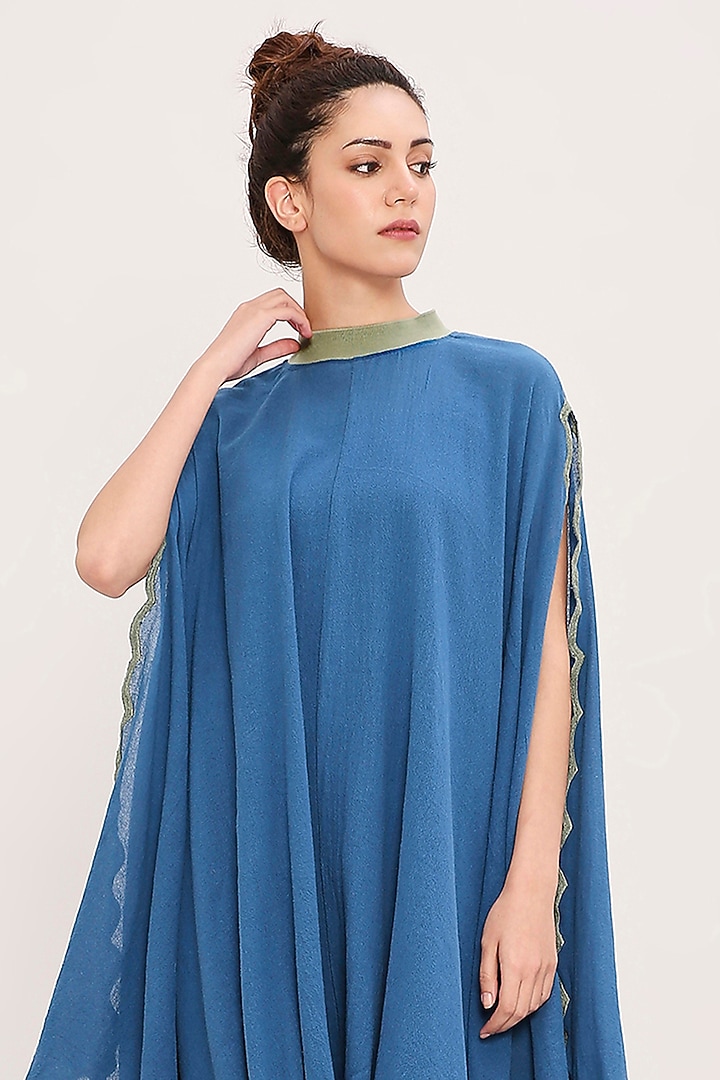 Blue Handwoven Cotton Embroidered Draped Cowl Vacation Dress by Mati at Pernia's Pop Up Shop