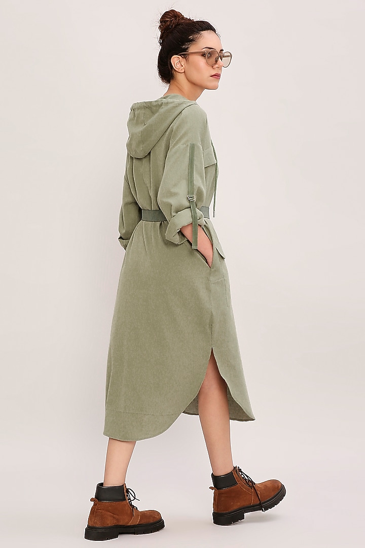 Green Handwoven Cotton Hooded Summer Dress by Mati at Pernia's Pop Up Shop