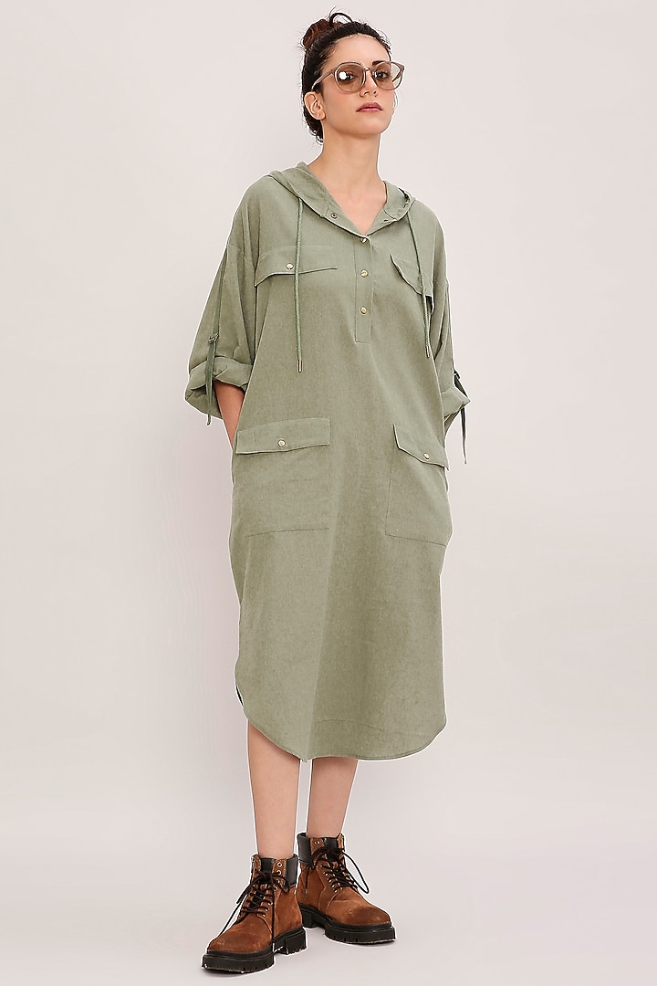 Green Handwoven Cotton Hooded Summer Dress by Mati at Pernia's Pop Up Shop