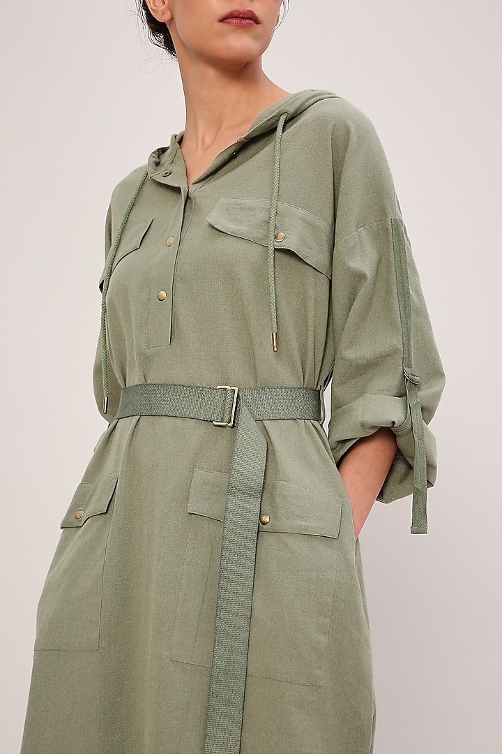 Green Handwoven Cotton Hooded Summer Dress by Mati at Pernia's Pop Up Shop