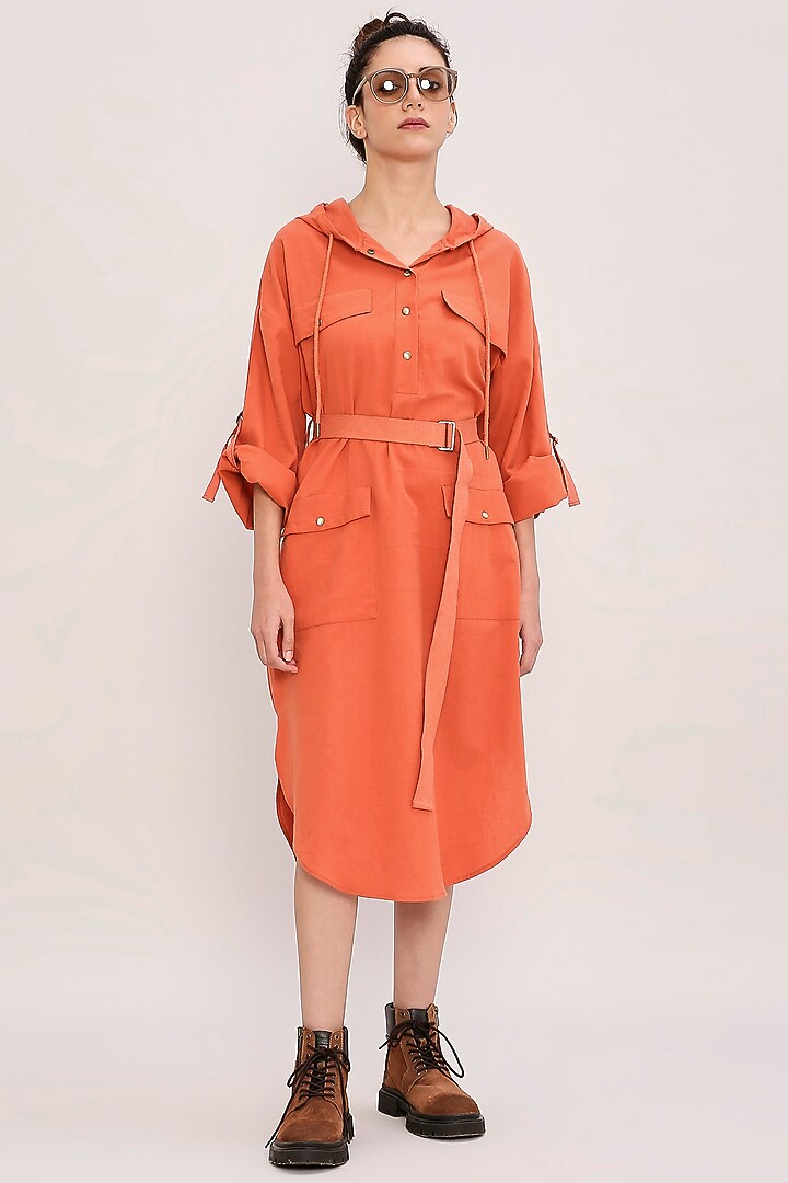 Rust Handwoven Cotton Hooded Summer Dress by Mati at Pernia's Pop Up Shop