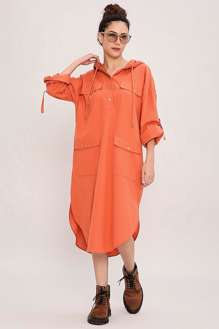 Rust Handwoven Cotton Hooded Summer Dress by Mati at Pernia's Pop Up Shop