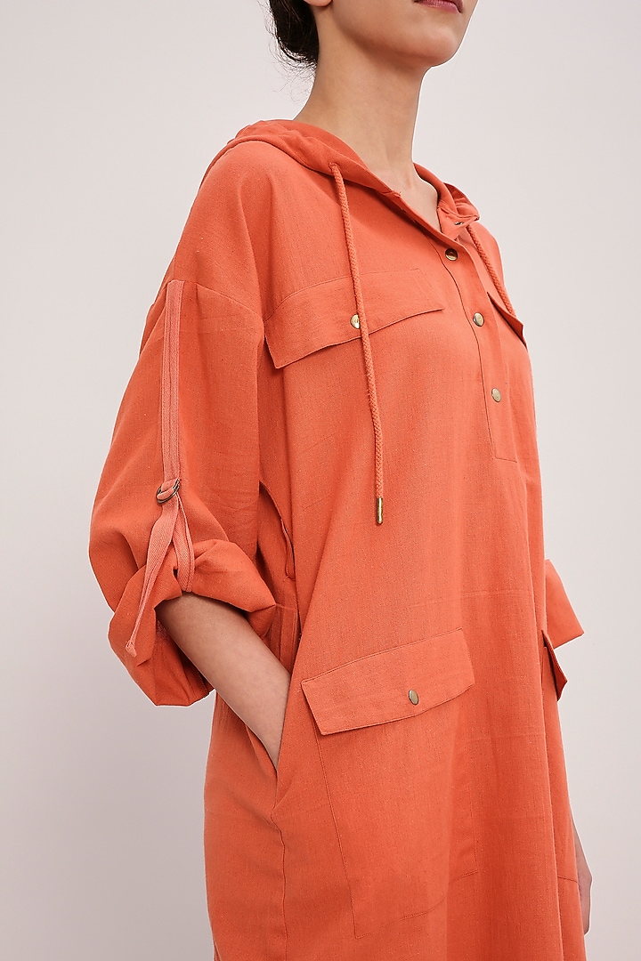 Rust Handwoven Cotton Hooded Summer Dress by Mati at Pernia's Pop Up Shop