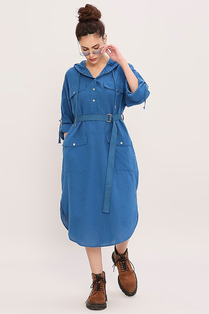 Blue Handwoven Cotton Hooded Summer Dress by Mati at Pernia's Pop Up Shop