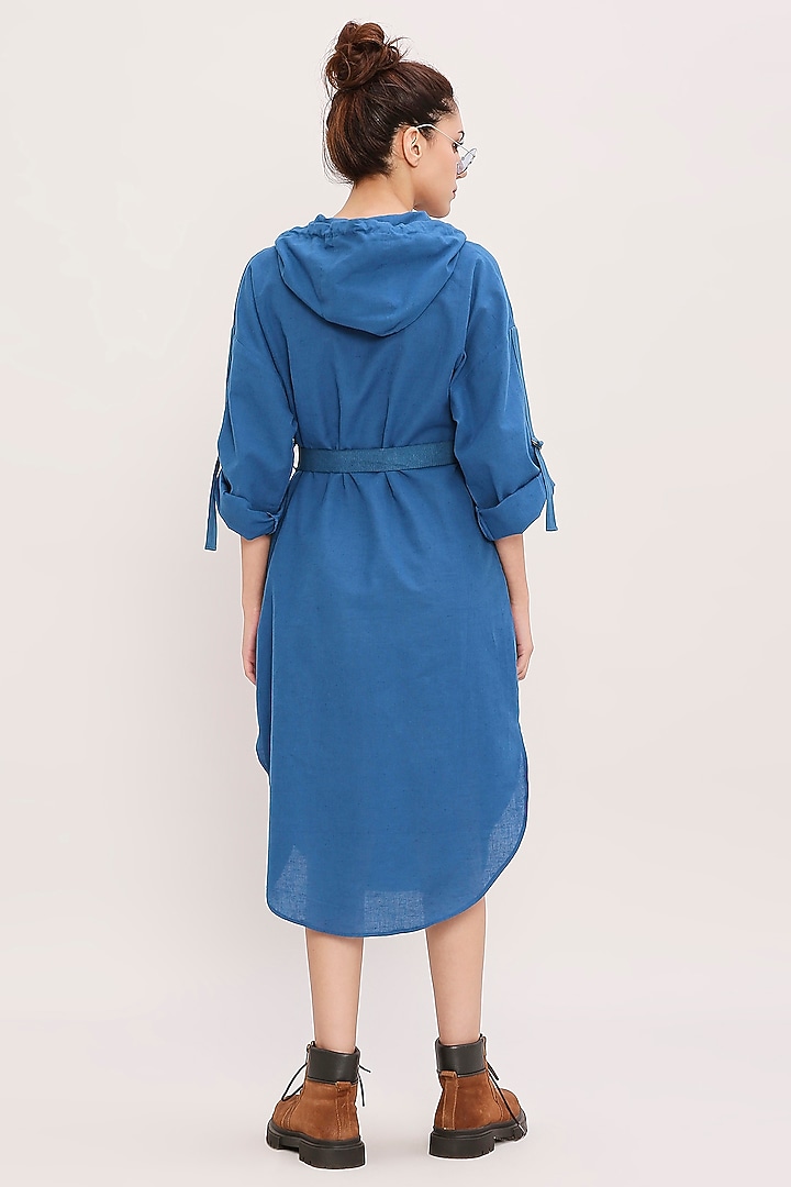 Blue Handwoven Cotton Hooded Summer Dress by Mati at Pernia's Pop Up Shop