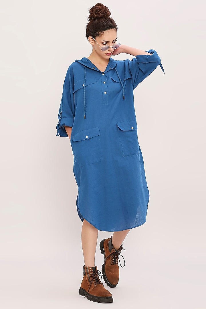 Blue Handwoven Cotton Hooded Summer Dress by Mati at Pernia's Pop Up Shop