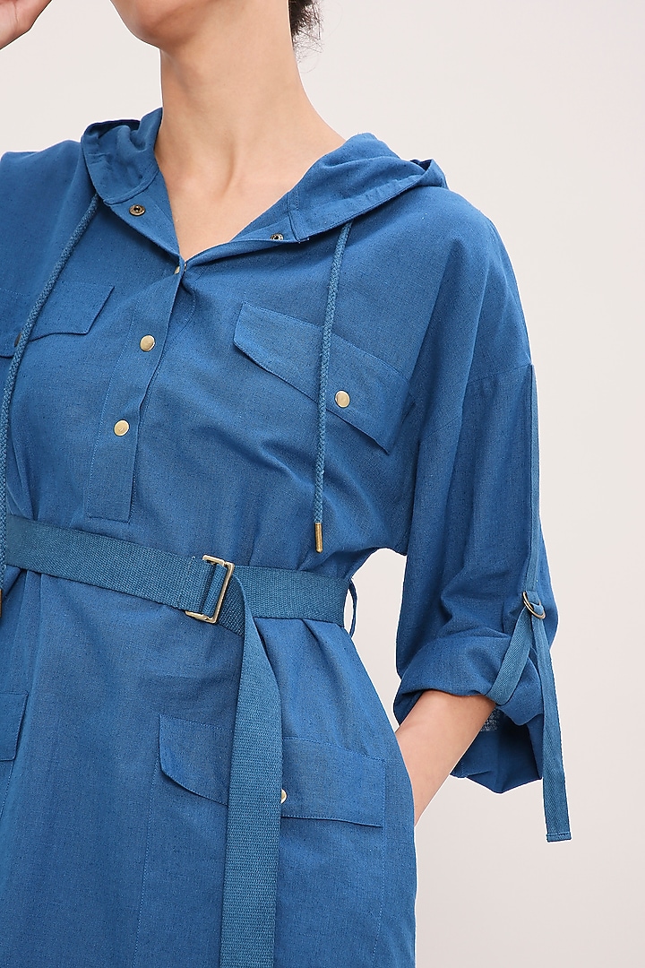 Blue Handwoven Cotton Hooded Summer Dress by Mati at Pernia's Pop Up Shop