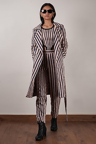Pink & Black Cotton Block Printed Long Trench Jacket by Mati