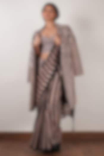 Pink & Black Soft Mul Block Printed Jacket Wedding Saree Set by Mati at Pernia's Pop Up Shop
