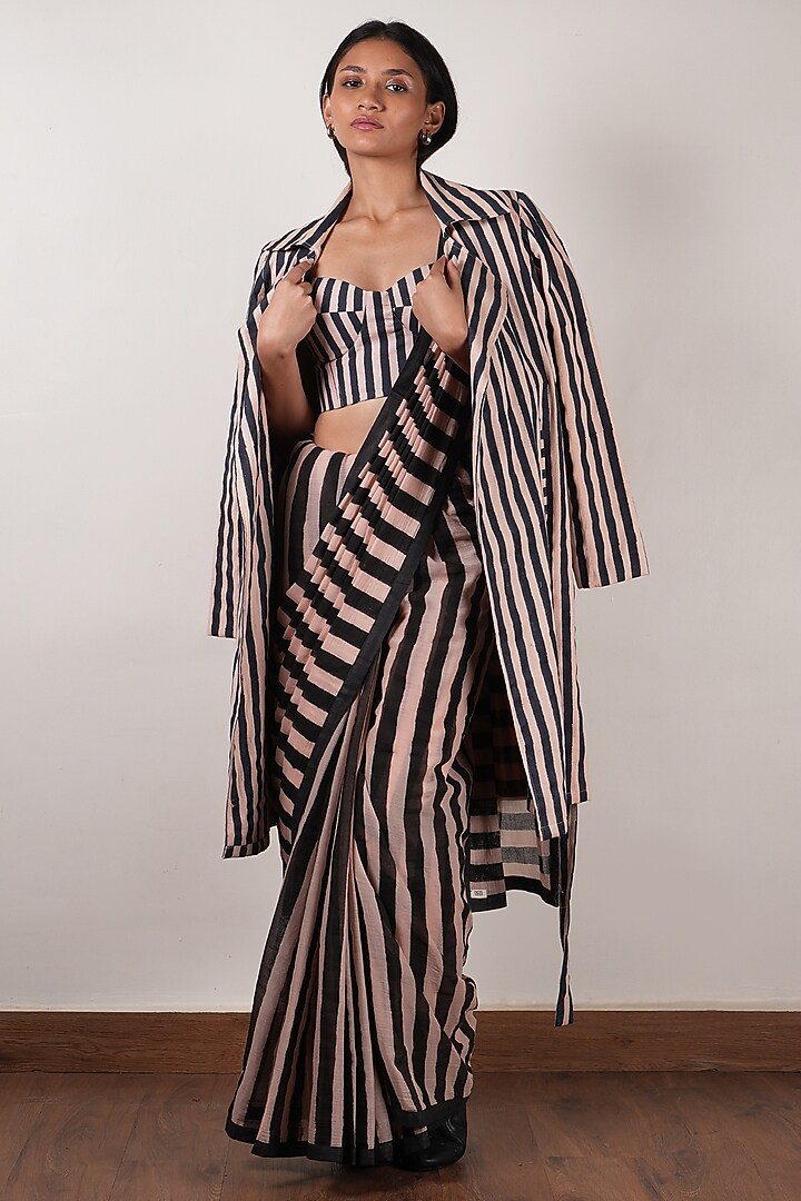 Pink & Black Soft Mul Block Printed Jacket Wedding Saree Set by Mati at Pernia's Pop Up Shop