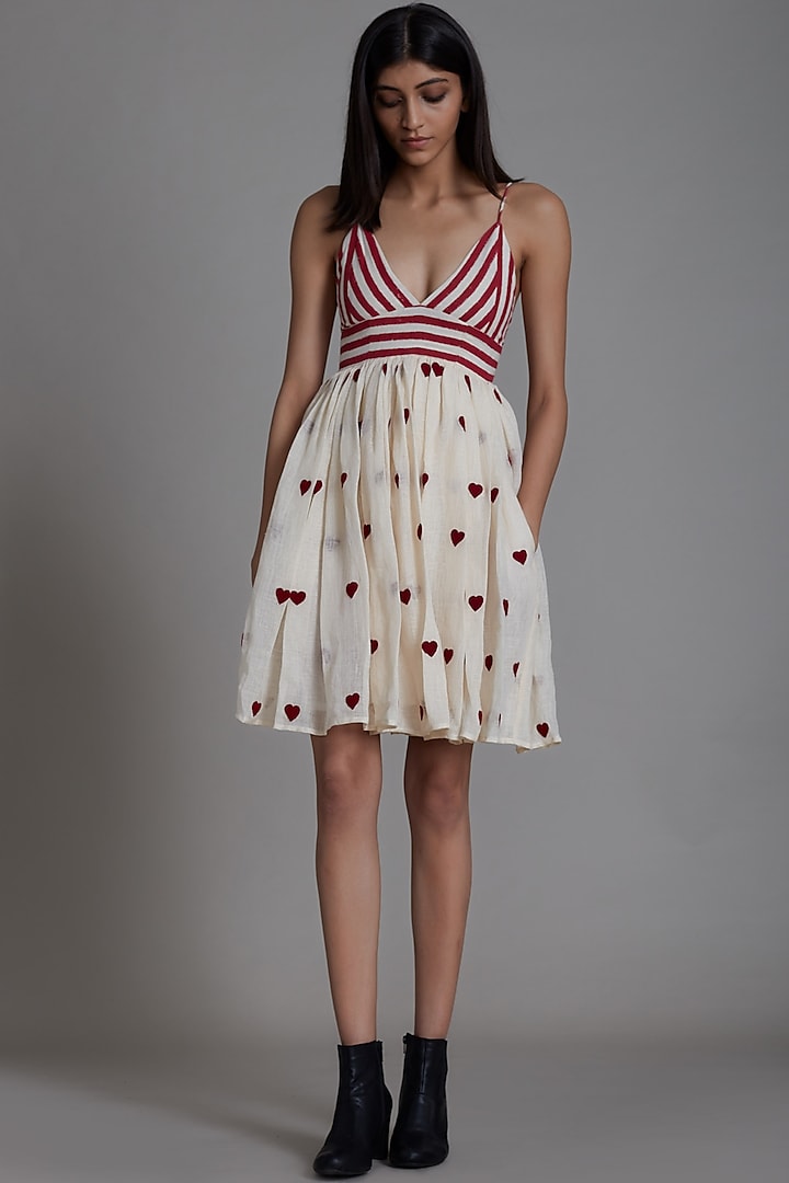 Red & Oatmeal Printed Striped Mini Dress by Mati