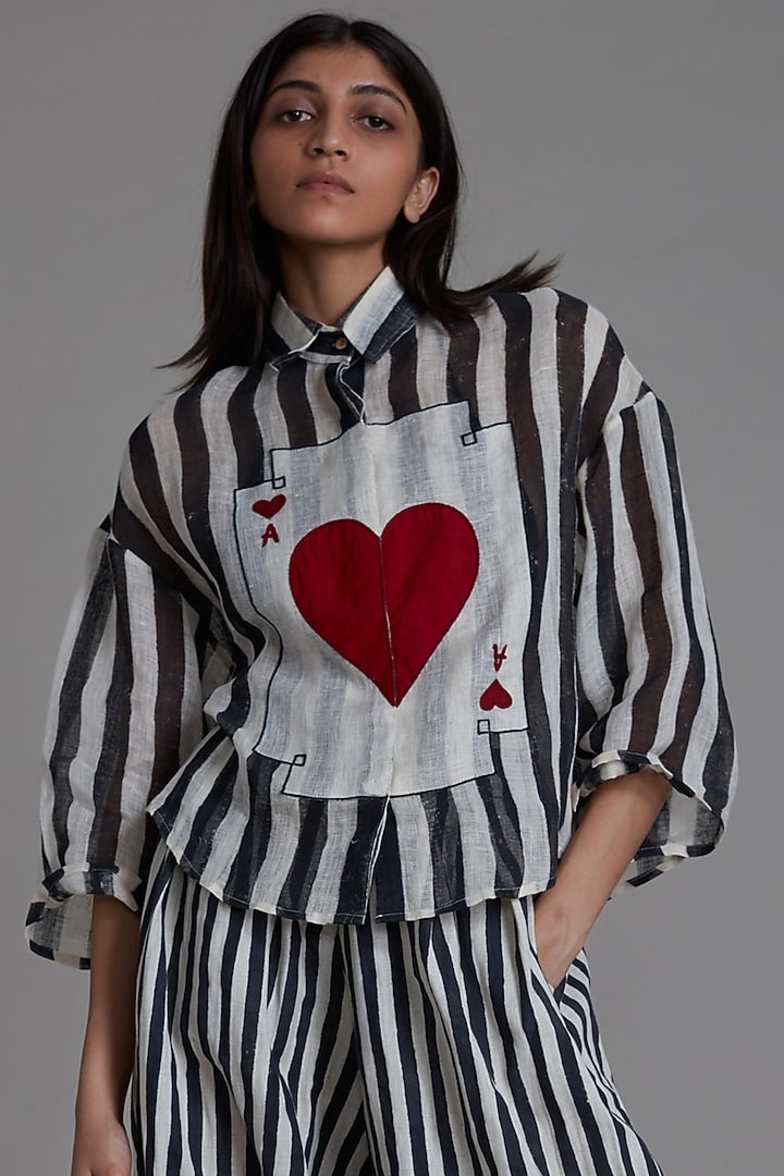 Oatmeal & Black Handwoven Printed Shirt by Mati at Pernia's Pop Up Shop