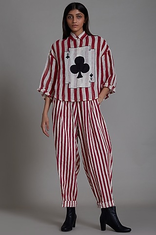 Oatmeal & Red Handwoven Printed Balloon Pants by Mati
