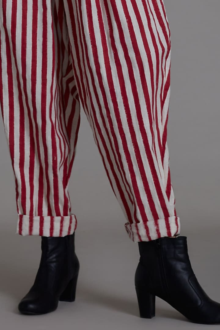 Oatmeal & Red Handwoven Printed Balloon Pants by Mati at Pernia's Pop Up Shop
