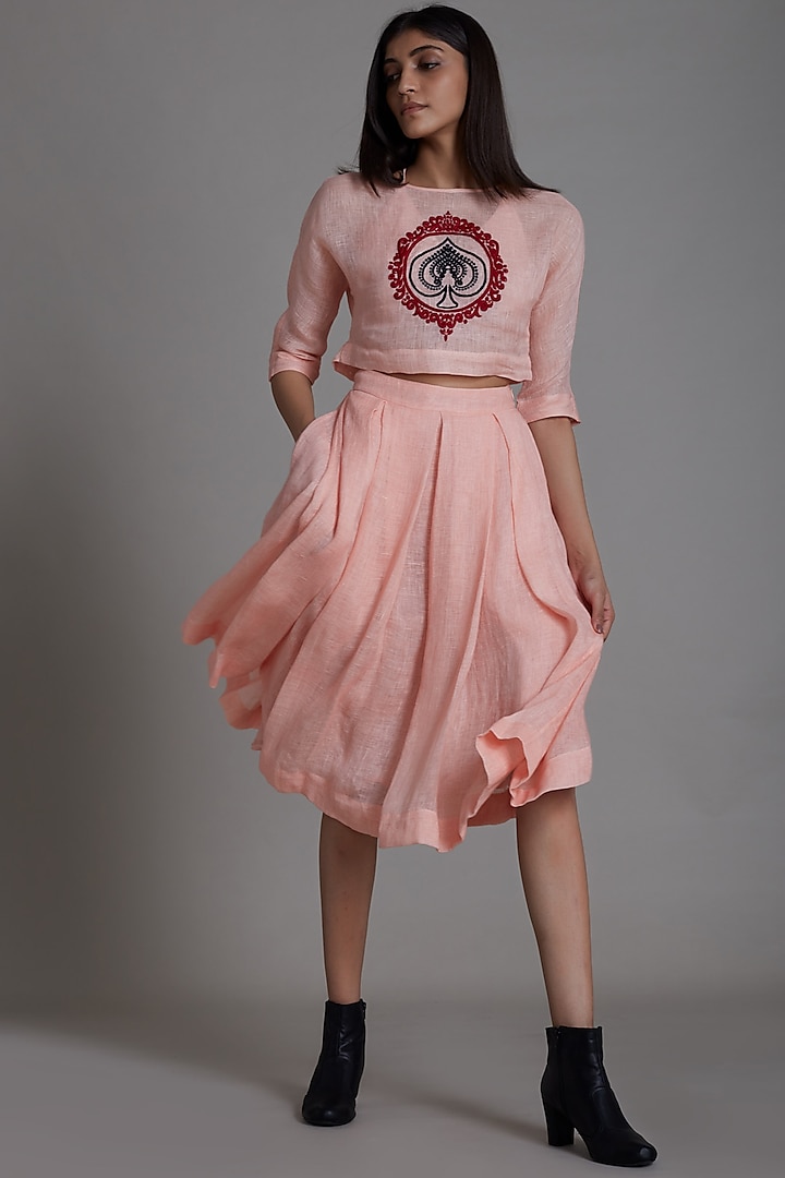 Pink Pure Linen Skirt Set by Mati