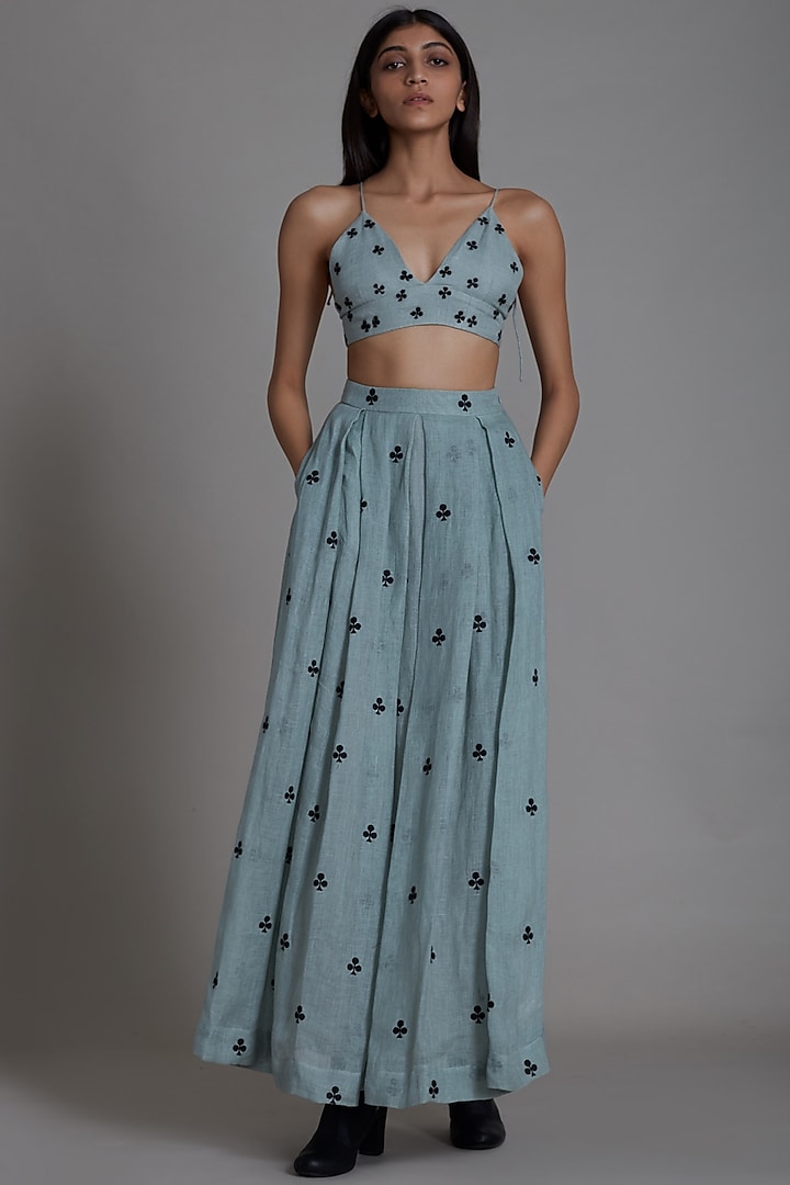 Blue Embroidered Lehenga by Mati