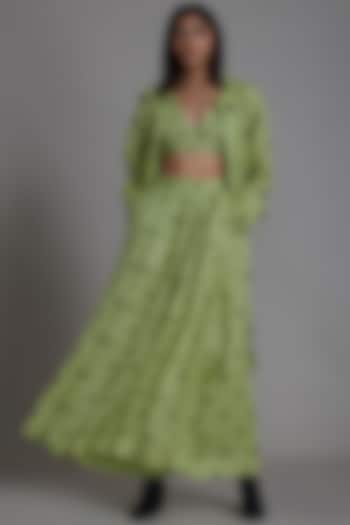 Green Embroidered Handwoven Jacket Lehenga Set by Mati