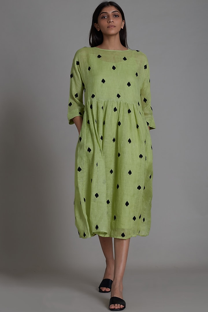 Green Embroidered Handwoven Dress by Mati
