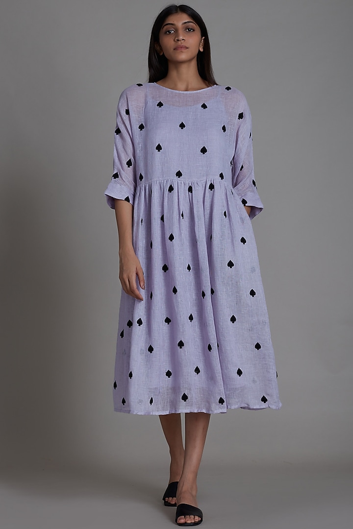 Lavender Embroidered Handwoven Dress by Mati