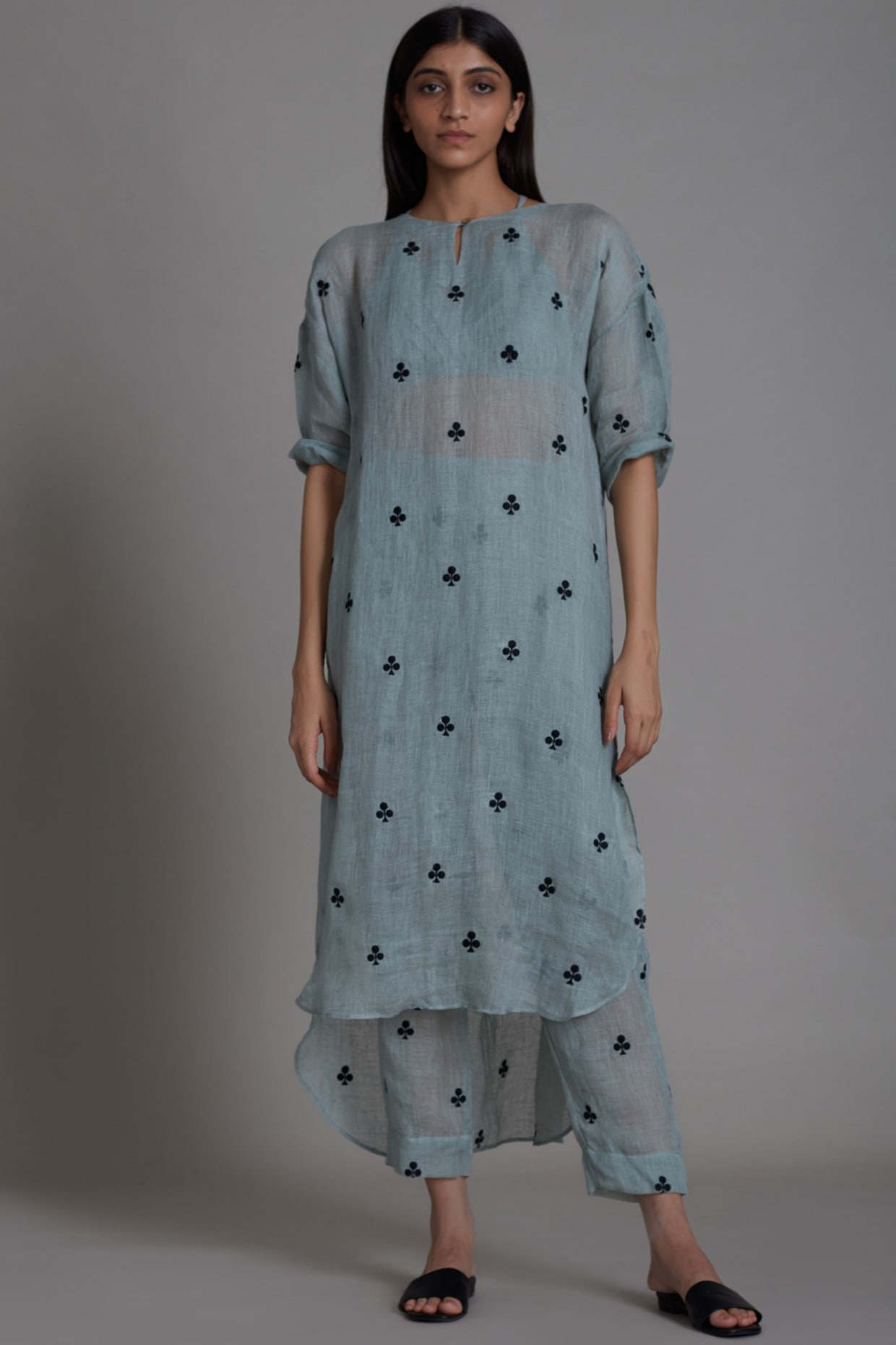 Green Handwoven Linen Tunic Dress Design by Mati at Pernia's Pop Up Shop  2024